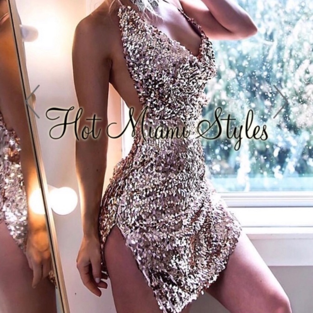 Rose Gold Open Backless Plunge Sequin Party Dress